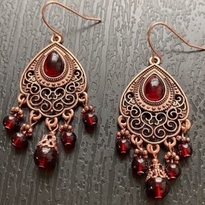COPY - Boho Rose Gold Glass Stone Earrings, Vintage Red Stones Carved Earrings